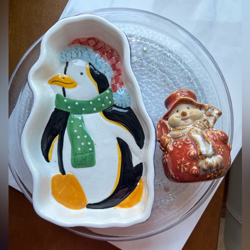 BICO Ceramic serving dish & unmarked ceramic snowman bell Christmas Holiday EUC